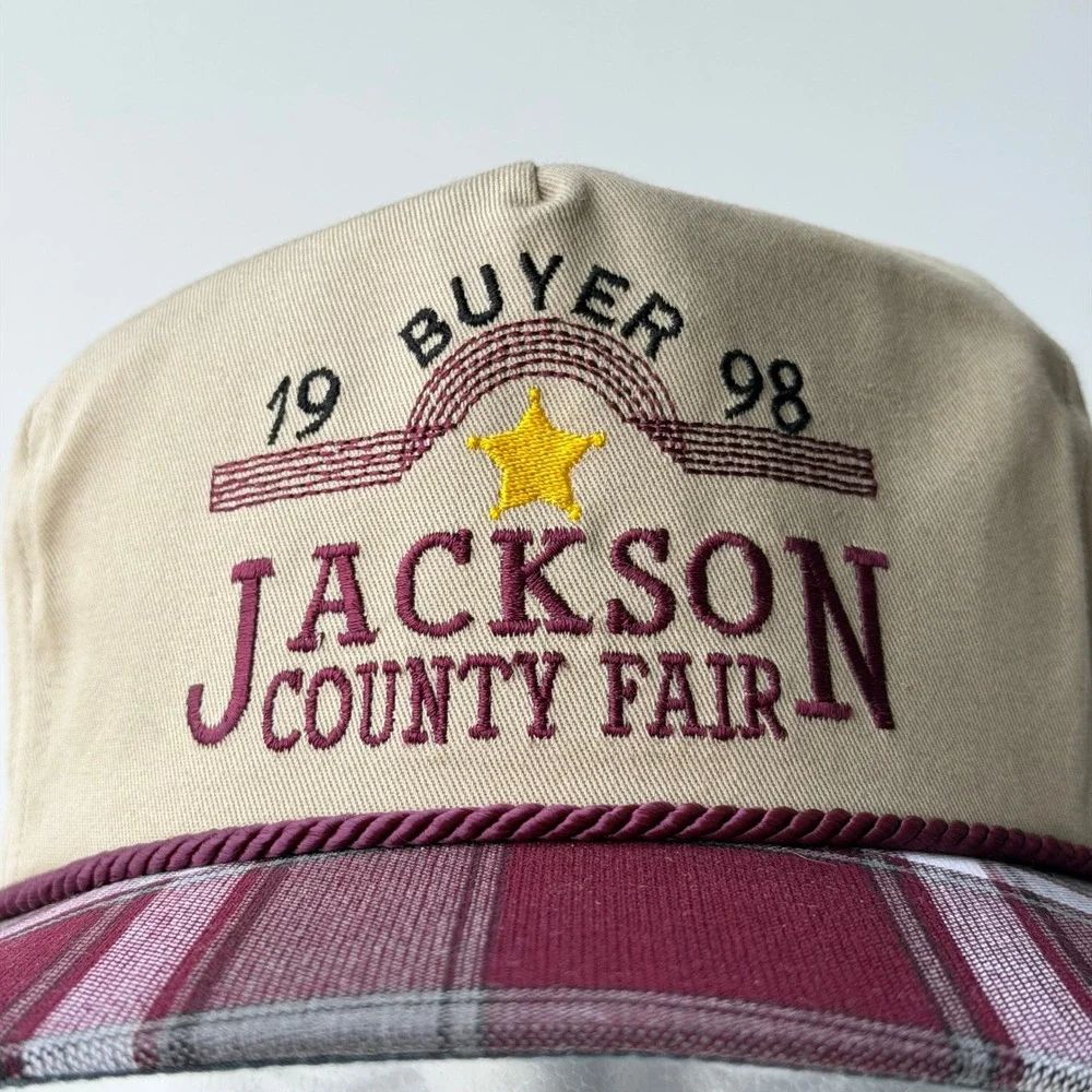 Vintage 1998 Jackson County Fair Snapback Trucker Hat Tan Plaid Made in USA 90s